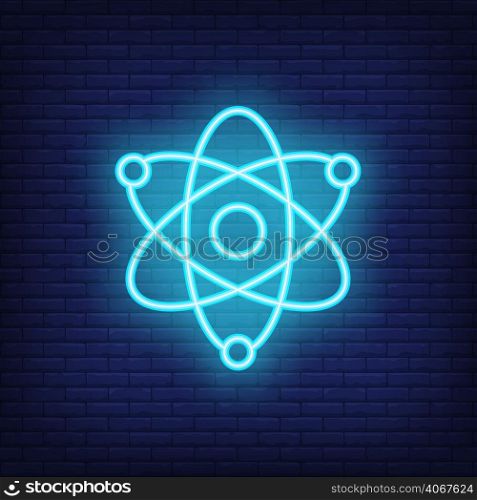 Physics neon sign. Motion of atoms. Night bright advertisement. Vector illustration in neon style for education and science