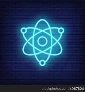 Physics neon sign. Motion of atoms. Night bright advertisement. Vector illustration in neon style for education and science