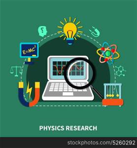Physics Research Elements. Physics research design elements, symbols and icons, science and education equipment flat vector illustration