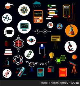 Physics science and technology flat icons with laboratory equipment, books, microscopes, electrical measuring instruments, computer, telescope, dna and atom models, formulas and circuits. Flat physics science equipment and symbols