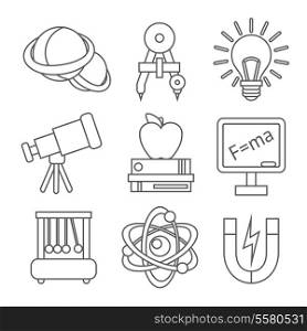 Physics science equipment school laboratory outline education icons set isolated vector illustration