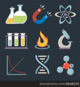 Physics science equipment teaching and studying education icons set isolated vector illustration.