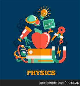 Physics science flat design poster with atom model magnet books vector illustration