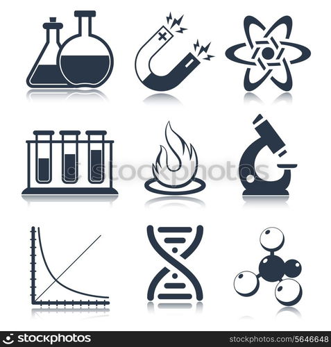 Physics science laboratory equipment black education icons set isolated vector illustration