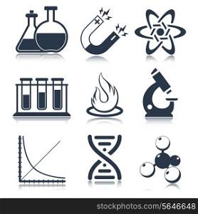 Physics science laboratory equipment black education icons set isolated vector illustration