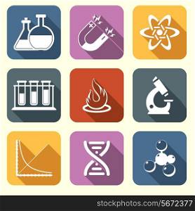 Physics science laboratory equipment scientific flat education icons set isolated vector illustration