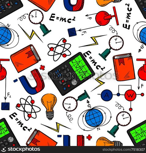 Physics science seamless pattern of book, light bulbs and electric circuits, models of atom and earth magnetic field, electrical measurement and test instruments, formulas and magnets. Physics science seamless pattern background