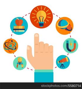 Physics signs icons with touching pointing hand concept vector illustration