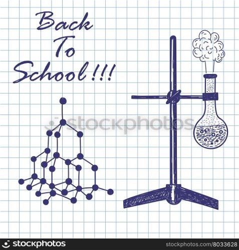 Physics theme. Doodle sketch on checkered paper background. Vector illustration.