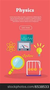 Physics Web Banner. Website template.. Physics laboratory banner with magnifier, measuring device and Newton s cradle. Physics infographic concept background. Scientific research, science lab, science test, technology illustration in flat