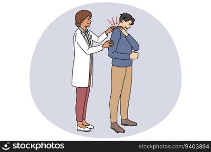 Physiotheraπst help ma≤patient with backache, suffering from spasm. Fema≤doctor massa≥man shoulder or≠ckμsc≤s, relieve tension in back. Hea<hcare. Vector illustration.. Doctor helπng ma≤patient with backache