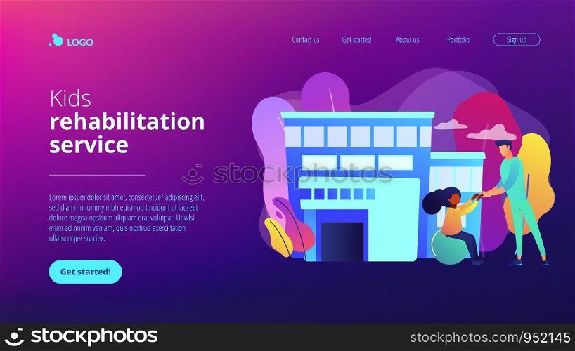 Physiotherapist and child gets treatment. Childrens rehabilitation centre, kids rehabilitation service, coordination and educational support concept. Website vibrant violet landing web page template.. Children rehabilitation center concept landing page.