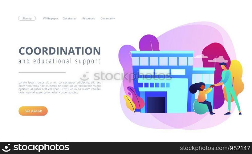 Physiotherapist and child gets treatment. Childrens rehabilitation centre, kids rehabilitation service, coordination and educational support concept. Website vibrant violet landing web page template.. Children rehabilitation center concept landing page.