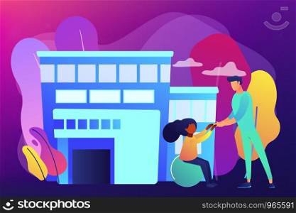 Physiotherapist and child gets treatment. Childrens rehabilitation centre, kids rehabilitation service, coordination and educational support concept. Bright vibrant violet vector isolated illustration. Children rehabilitation center concept vector illustration.