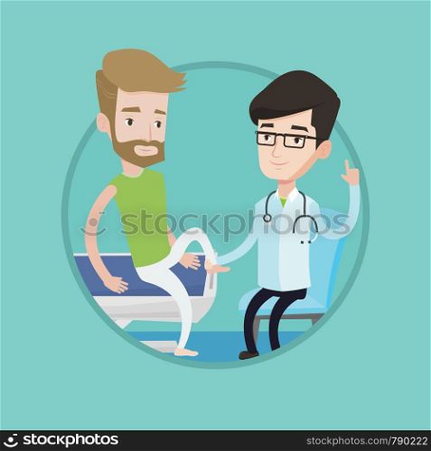 Physiotherapist checking ankle of a man. Physiotherapist examining leg of sportsman. Physiotherapist giving leg massage to patient. Vector flat design illustration in the circle isolated on background. Gym doctor checking ankle of a patient.
