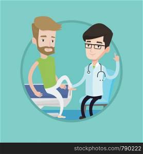 Physiotherapist checking ankle of a man. Physiotherapist examining leg of sportsman. Physiotherapist giving leg massage to patient. Vector flat design illustration in the circle isolated on background. Gym doctor checking ankle of a patient.
