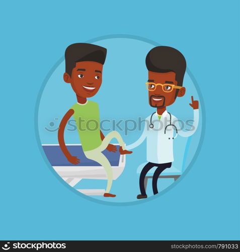 Physiotherapist checking ankle of a man. Physiotherapist examining leg of sportsman. Physiotherapist giving leg massage to patient. Vector flat design illustration in the circle isolated on background. Gym doctor checking ankle of a patient.