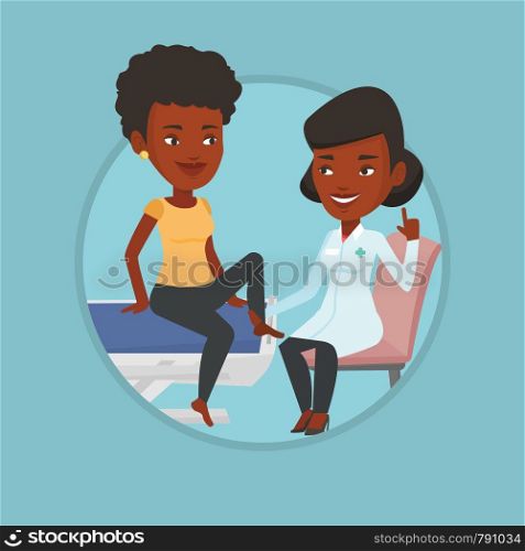 Physiotherapist checking ankle of woman. Physiotherapist examining leg of sportswoman. Physiotherapist giving leg massage to girl. Vector flat design illustration in the circle isolated on background.. Gym doctor checking ankle of a patient.