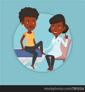Physiotherapist checking ankle of woman. Physiotherapist examining leg of sportswoman. Physiotherapist giving leg massage to girl. Vector flat design illustration in the circle isolated on background.. Gym doctor checking ankle of a patient.