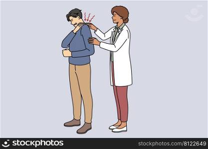 Physiotherapist help male patient with backache, suffering from spasm. Female doctor massage man shoulder or neck muscles, relieve tension in back. Healthcare. Vector illustration. . Doctor helping male patient with backache 