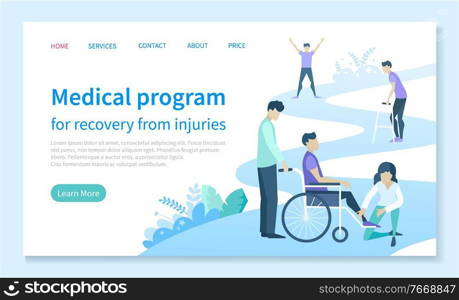 Physiotherapy and rehab clinic patient on wheelchair landing web page template vector. Injury recovery program and rehabilitation center. Medical condition stabilization, website illustration. Injury Recovery Medical Program Web Landing Page