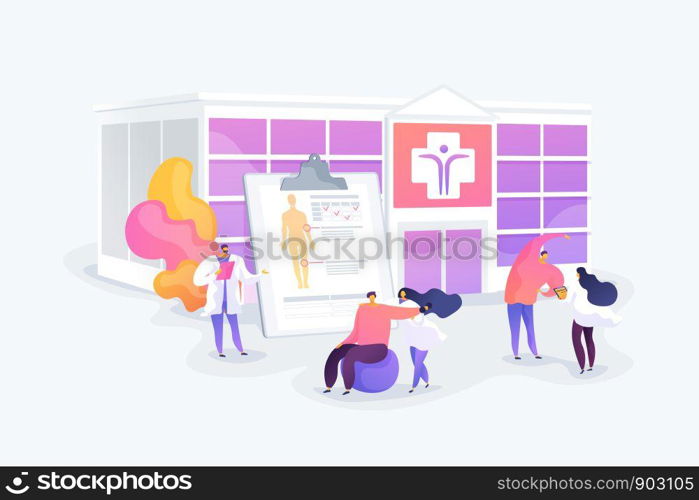 Physiotherapy and rehab clinic patients exercising. Rehabilitation center, rehabilitation hospital, stabilization of medical conditions concept. Vector isolated concept creative illustration. Rehabilitation center concept vector illustration