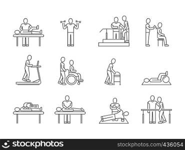 Physiotherapy and rehabilitation, exercises and massage therapy vector line medical icons. Medical patient, physical therapy exercise illustration. Physiotherapy and rehabilitation, exercises and massage therapy vector line medical icons