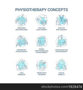 Physiotherapy blue concept icons set. Exercising and stretching. Heat and cold therapy. Therapist treatment idea thin line color illustrations. Vector isolated outline drawings. Editable stroke. Physiotherapy blue concept icons set