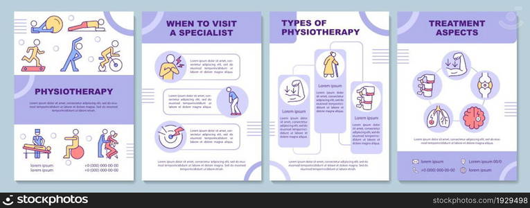 Physiotherapy brochure template. Health care treatment. Flyer, booklet, leaflet print, cover design with linear icons. Vector layouts for presentation, annual reports, advertisement pages. Physiotherapy brochure template