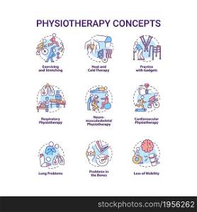 Physiotherapy concept icons set. Exercising and stretching. Heat and cold therapy. Therapist treatment idea thin line color illustrations. Vector isolated outline drawings. Editable stroke. Physiotherapy concept icons set