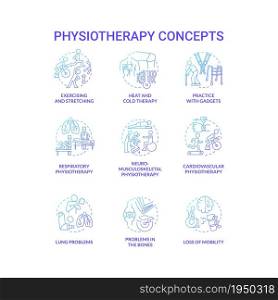 Physiotherapy graident blue concept icons set. Exercising and stretching. Heat and cold therapy. Therapist treatment idea thin line color illustrations. Vector isolated outline drawings. Physiotherapy graident blue concept icons set