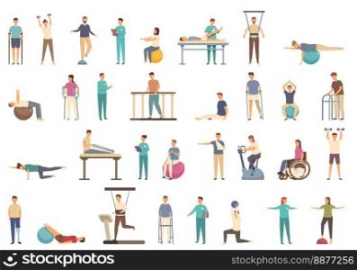 Physiotherapy icons set cartoon vector. Treatment exercise. Condition equipment. Physiotherapy icons set cartoon vector. Treatment exercise