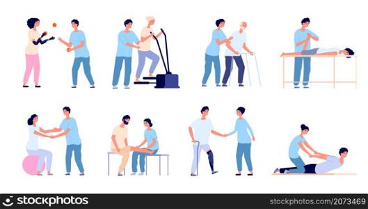Physiotherapy. Medical treatment, injuries rehabilitation therapy. Healthcare physical training, medicine physiotherapist with patient utter vector set. Illustration physiotherapist rehab. Physiotherapy. Medical treatment, injuries rehabilitation therapy. Healthcare physical training, medicine physiotherapist with patient utter vector set