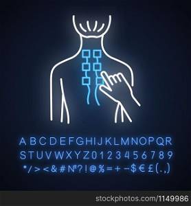 Physiotherapy neon light icon. Medical procedures. Physical therapy. Healthcare. Injury rehabilitation. Electrotherapy. Glowing sign with alphabet, numbers and symbols. Vector isolated illustration