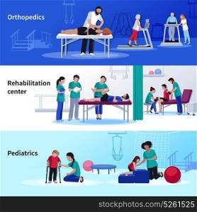 Physiotherapy Rehabilitation 3 Flat Horizontal Center . Rehabilitation medical center 3 flat horizontal banners set with orthopedic and pediatric physiotherapy sessions isolated vector illustration