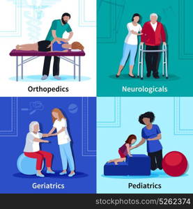 Physiotherapy Rehabilitation 4 Flat Icons Square. Physiotherapy sessions for geriatric patients with neurological disorders and kids 4 flat icons square isolated vector illustration