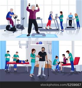 Physiotherapy Rehabilitation Center 2 Flat Banners . Rehabilitation care and physiotherapy treatments for children and adults 2 flat banners composition poster isolated vector illustration
