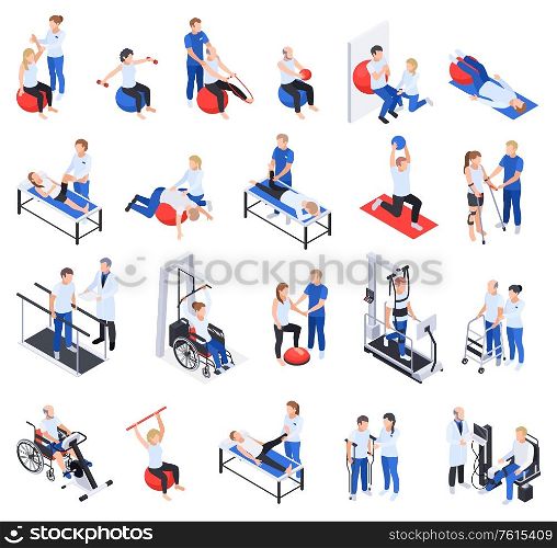 Physiotherapy rehabilitation clinic isometric icons set with injured and disabled people massage treatment exercises equipment vector illustration