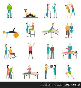 Physiotherapy Rehabilitation Color Icons. Physiotherapy rehabilitation flat color icons with doctor nurse and patients involved in physical exercises massage and chiropractic isolated vector illustration