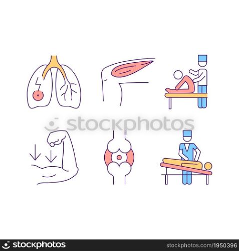 Physiotherapy RGB color icons set. Acute pain in lungs. Sore muscles in leg. Patient visits therapist for professional treatment. Isolated vector illustrations. Simple filled line drawings collection. Physiotherapy RGB color icons set
