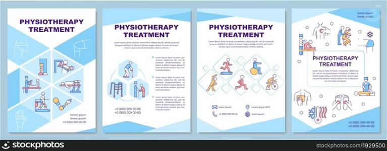 Physiotherapy treatment brochure template. Physical health care. Flyer, booklet, leaflet print, cover design with linear icons. Vector layouts for presentation, annual reports, advertisement pages. Physiotherapy treatment brochure template