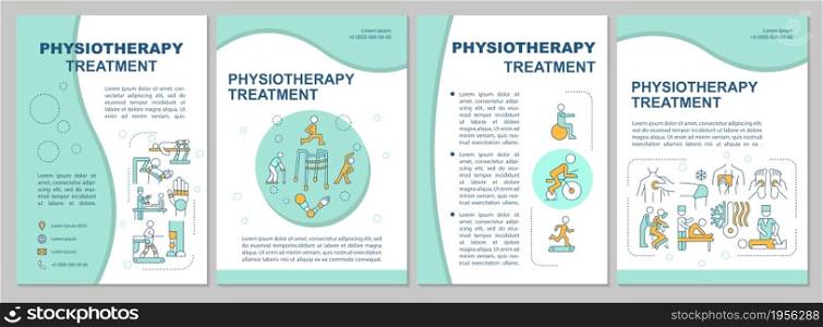 Physiotherapy treatment mint brochure template. Physical health. Flyer, booklet, leaflet print, cover design with linear icons. Vector layouts for presentation, annual reports, advertisement pages. Physiotherapy treatment mint brochure template