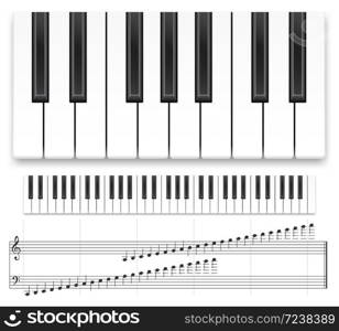 Piano keyboard. Realistic music instrument top view grand piano keyboard or synthesizer and musical notes vector template. Musical creative concept, design for recording studio on white background. Piano keyboard. Realistic music instrument top view grand piano keyboard or synthesizer and musical notes vector template