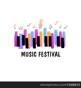 Piano keys and notes sign. Vector music Concert and Festival logo concept, poster background template. Bright logotype. Jazz music concert Festival, poster background template. Music piano