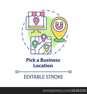 Pick business location concept icon. Mark on map for customers comfort. Making business visible abstract idea thin line illustration. Vector isolated outline color drawing. Editable stroke. Pick business location concept icon