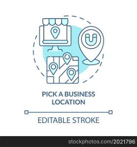 Pick business location in app concept icon. Mark on map for customers comfort. Making business visible abstract idea thin line illustration. Vector isolated outline color drawing. Editable stroke. Pick business location in app concept icon