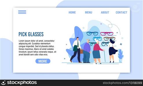 Pick Glasses Service for Pensioner and Adults Flat Landing Page. Cartoon People Characters Choosing Eyewear. Myopia and Hyperopia Correction. Ophthalmology Internet Store. Vector Illustration. Pensioner Adults Pick Glasses Service Landing Page