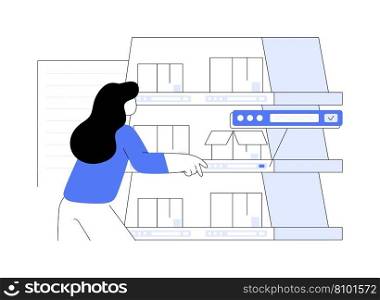 Pick-to-light system abstract concept vector illustration. Woman using smart shelve, modern pick-to-light system, wholesale and warehousing, foreign trade, logistics automation abstract metaphor.. Pick-to-light system abstract concept vector illustration.