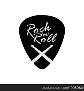 pick with text rock'n'roll and drummed sticks, vector. pick with text rock'n'roll and drummed sticks