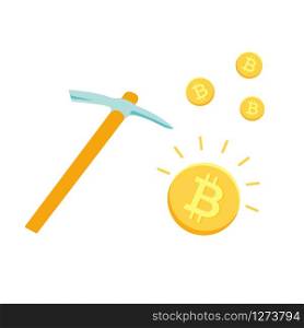 Pickaxe and Bitcoins. Concept design of mining cryptocurrency. Pickaxe and Bitcoins. Mining cryptocurrency